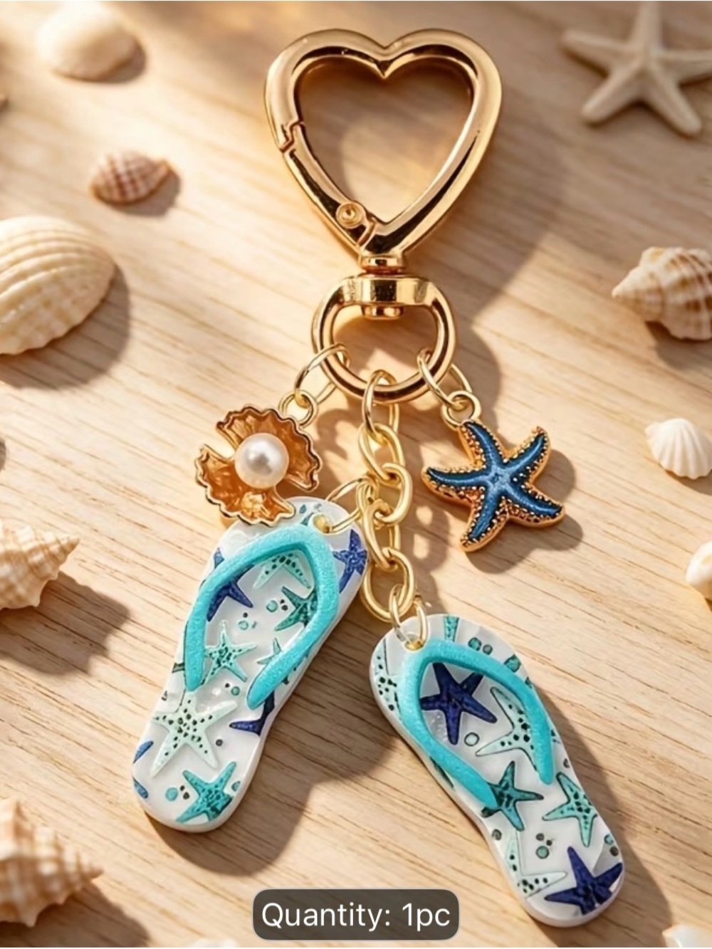 Gold Heart Flip-Flop Keychain with Teal Starfish Charms